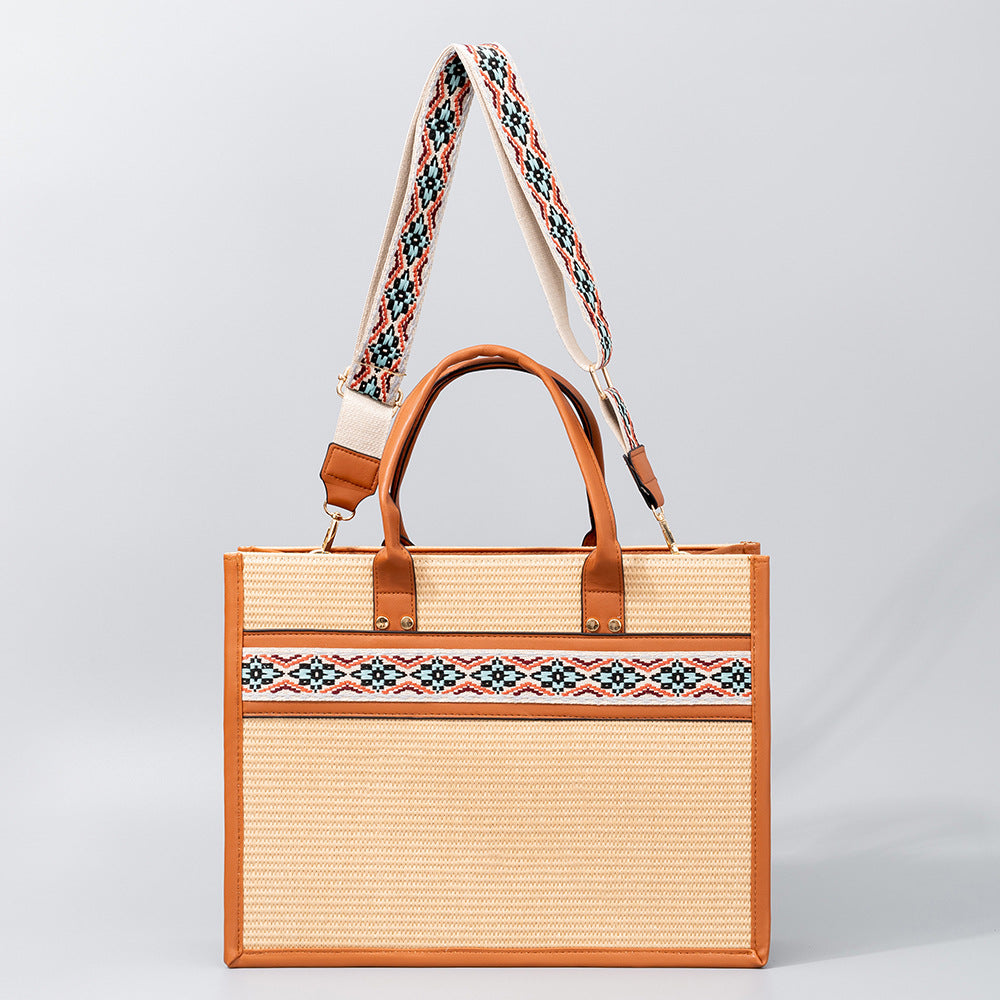 Straw tote bag, seaside vacation tote bag, large capacity beach bag, handbag contrasting color crossbody shoulder bag women with guitar belt - SJB-DIAMOND ELITES