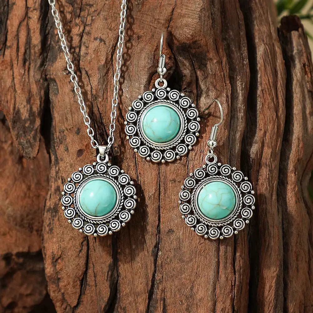 Fashion Turquoise Long Pendant Ear Rings Suit