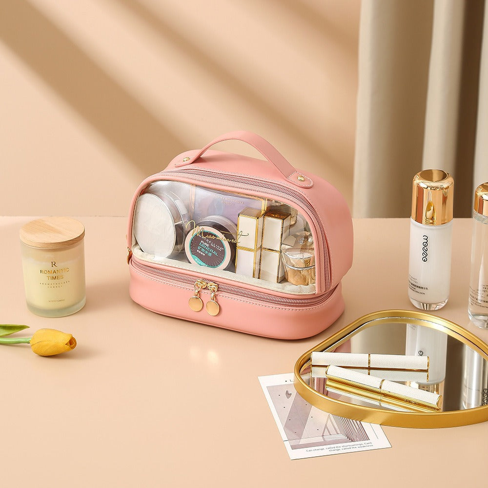 Transparent double layers cosmetic bag, travel large-capacity portable storage bag, PVC waterproof handbag cosmetic toilet bag, transparent makeup purse,Makeup bag with compartments, - SJB-DIAMOND ELITES