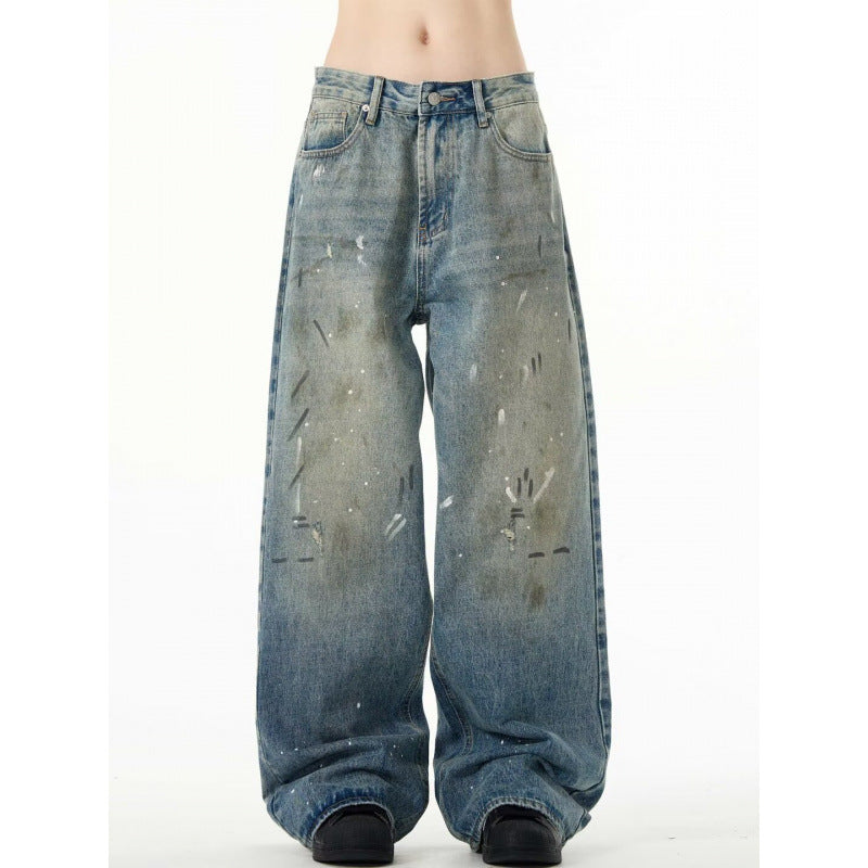 Splash-ink Jeans Men's Retro Washed Distressed Baggy Straight Trousers Lootquake LLC
