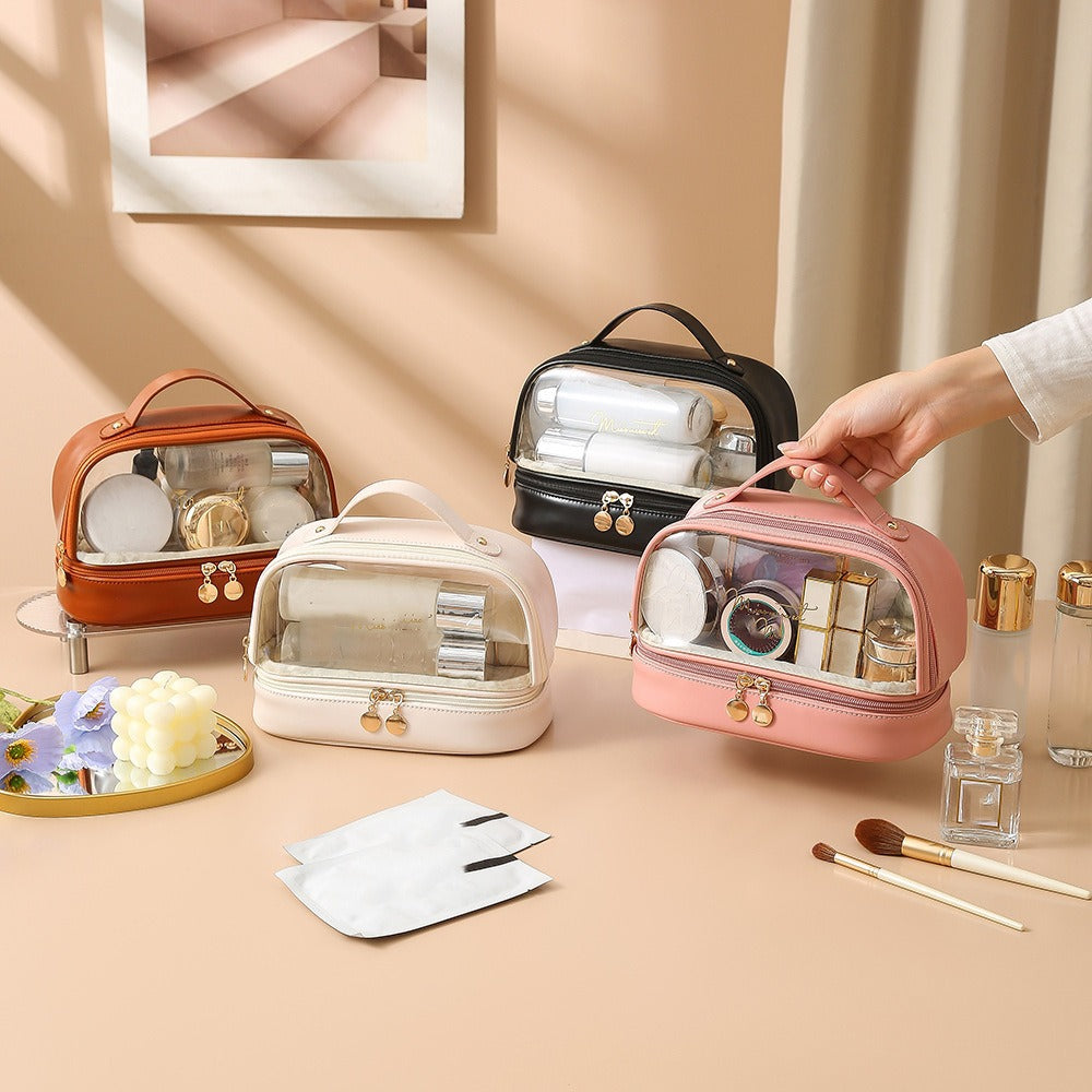 Transparent double layers cosmetic bag, travel large-capacity portable storage bag, PVC waterproof handbag cosmetic toilet bag, transparent makeup purse,Makeup bag with compartments, - SJB-DIAMOND ELITES