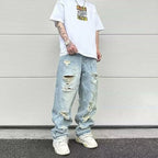 Water Washed Hole Retro Street Wide Leg Jeans Lootquake LLC