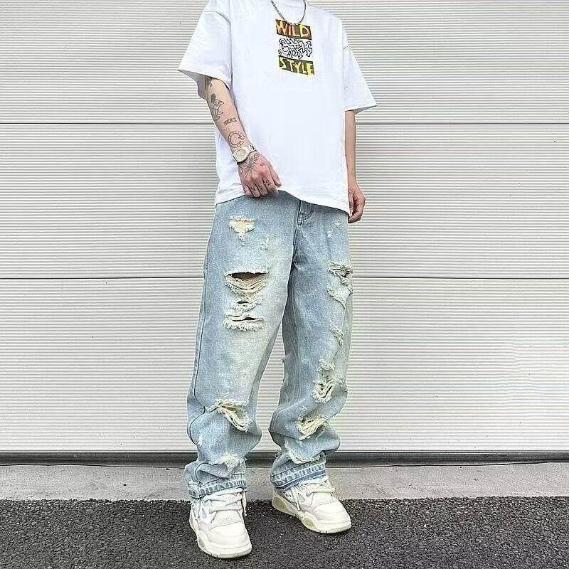 Water Washed Hole Retro Street Wide Leg Jeans Lootquake LLC