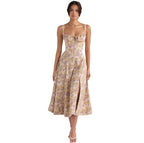 Sleeveless Strapless Bandage Corset Dress - Floral Print Long Midi Dress with Lace Up Back & Thigh Slit
