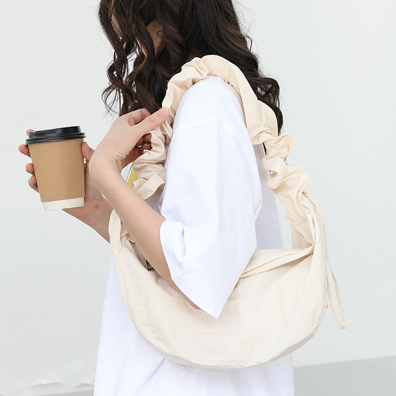 Small shoulder women's casual, pleated nylon hobo bag, fashion drawstring canvas crossbody bag
