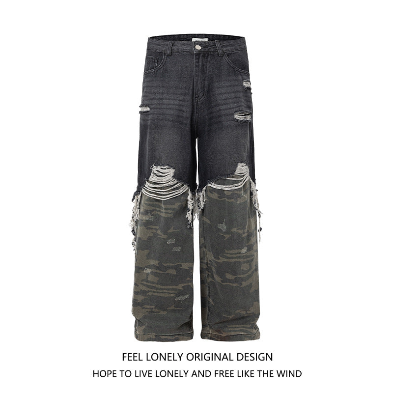 Men's American High Street Stitched Camouflage Wide Leg Jeans Lootquake LLC