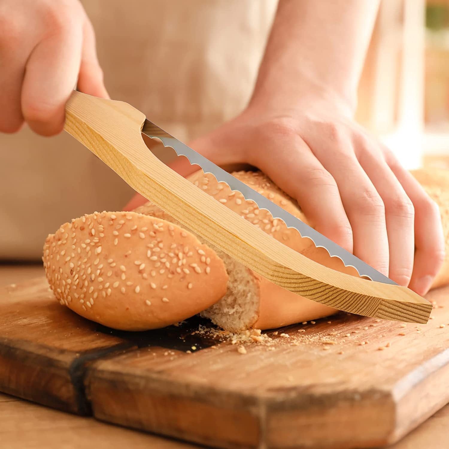 Wooden Bread Slicing Knife With Serrated Teeth Pi-Mart