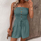 Summer Casual Vacation Solid Color Jumpsuit Design Sense Elastic Tube Top Jumpsuit Shorts Belted Wide Leg Jumpsuit With Button