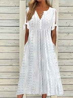 Women's Dress V-Neck Hollow Out Lace Long Dress Women