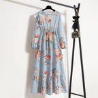 Spring and Autumn floral chiffon dress waist thin long sleeve round neck long printed skirt