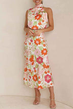 Sleeveless Strap Dress Slim Dress Satin Printing Temperament