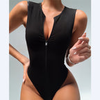 Summer Zipper Crew Neck Sleeveless Fashion Sexy Solid Color Versatile Cool Bodysuit Women's Top