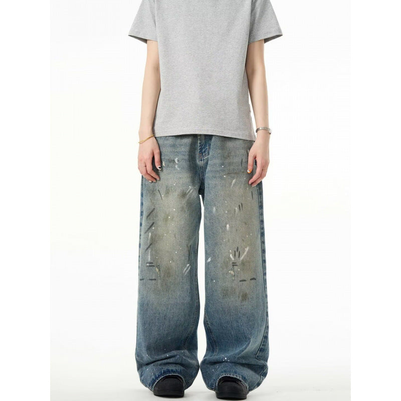 Splash-ink Jeans Men's Retro Washed Distressed Baggy Straight Trousers Lootquake LLC