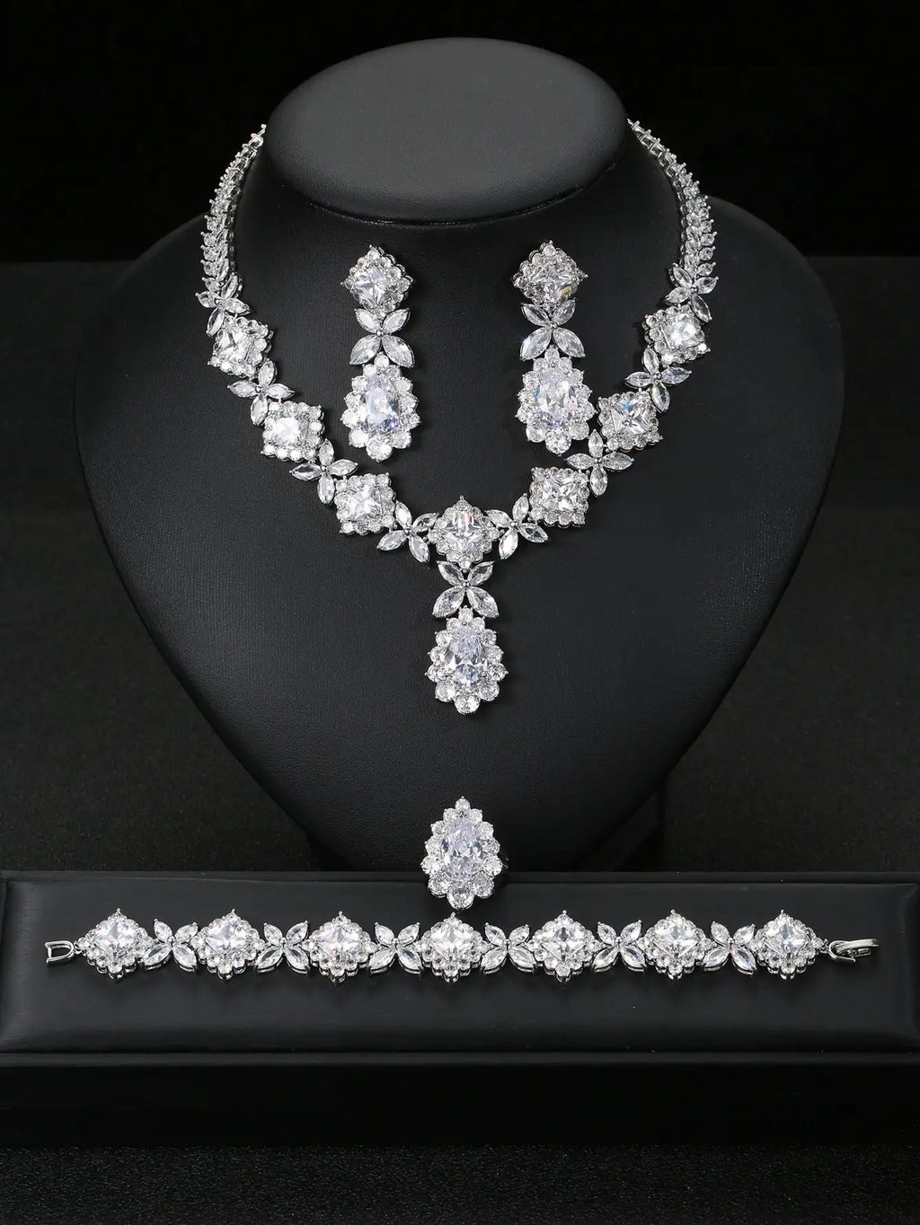 European And American Luxury Zircon Necklace Earring Bracelet Ring Suit
