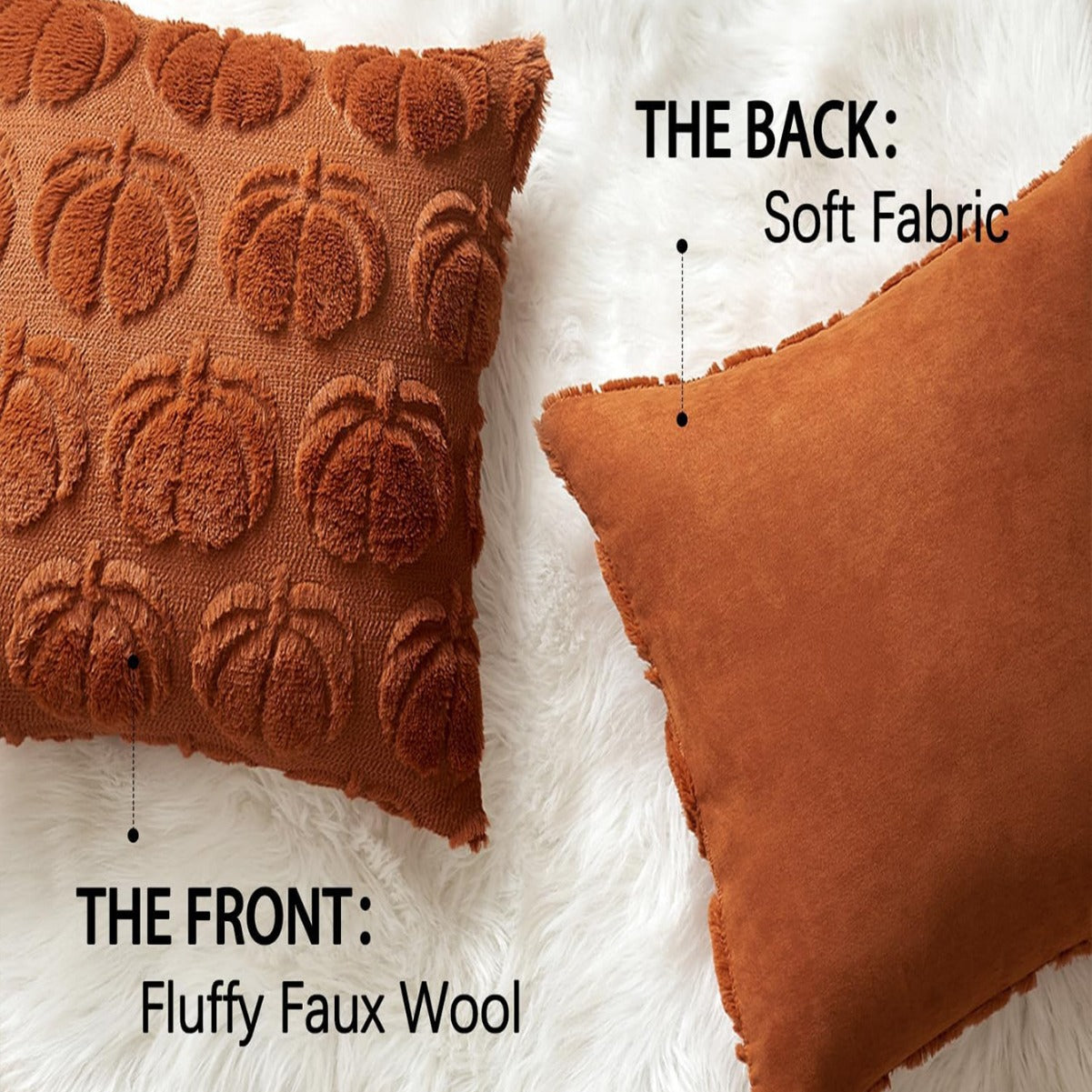Pumpkin Fall Throw Pillow Covers - Set of 2 Rust Red Faux Fur Pillow Cases - SJB-DIAMOND ELITES