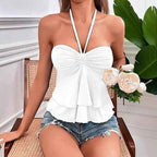 Sexy Lace Up Cross Sling Off-Shoulder Halter Pleated Ruffle Edge Solid Color Tube Top Drawstring Bust Tie Backless Halter Top
