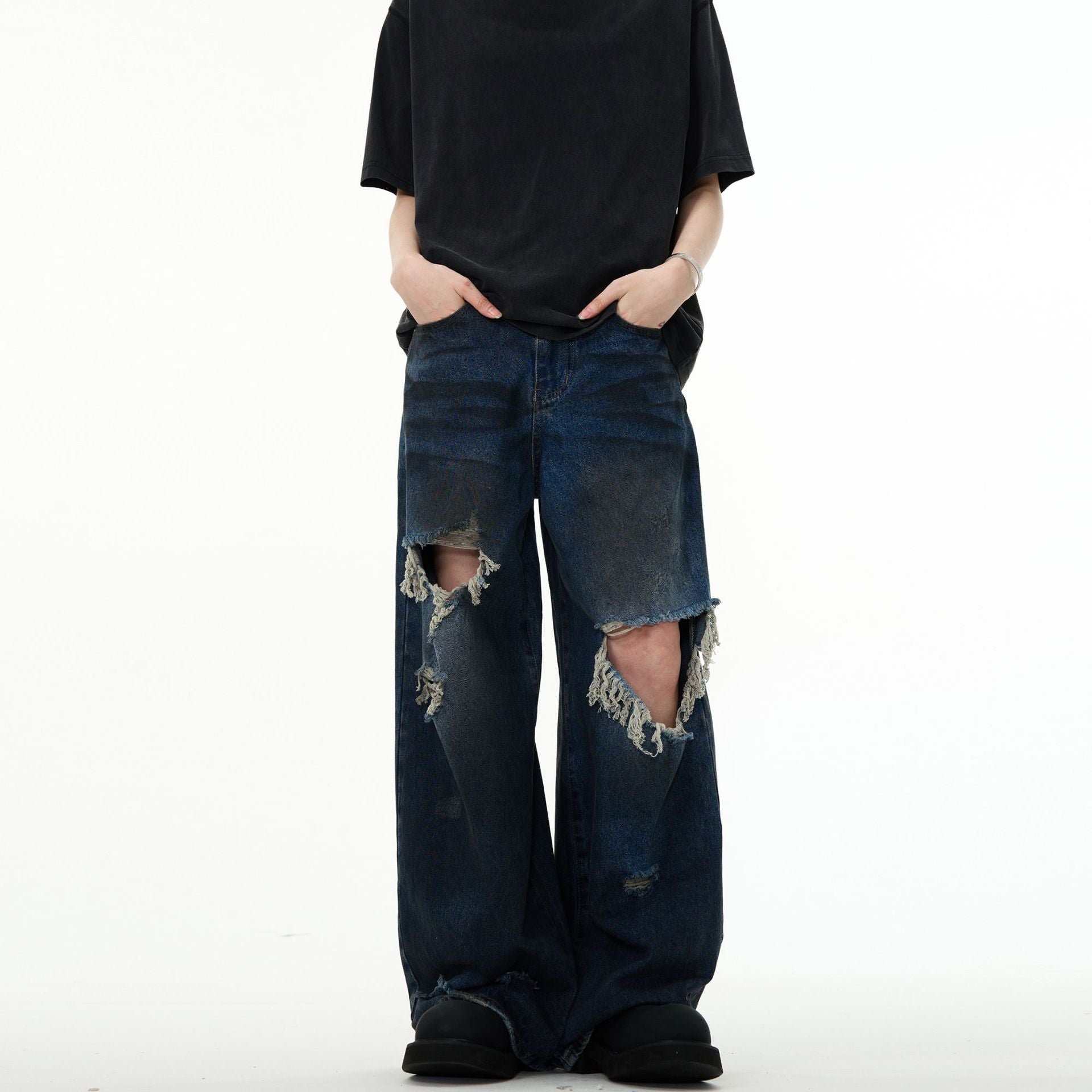 Couple Hole Worn Jeans Wide-leg Pants Lootquake LLC