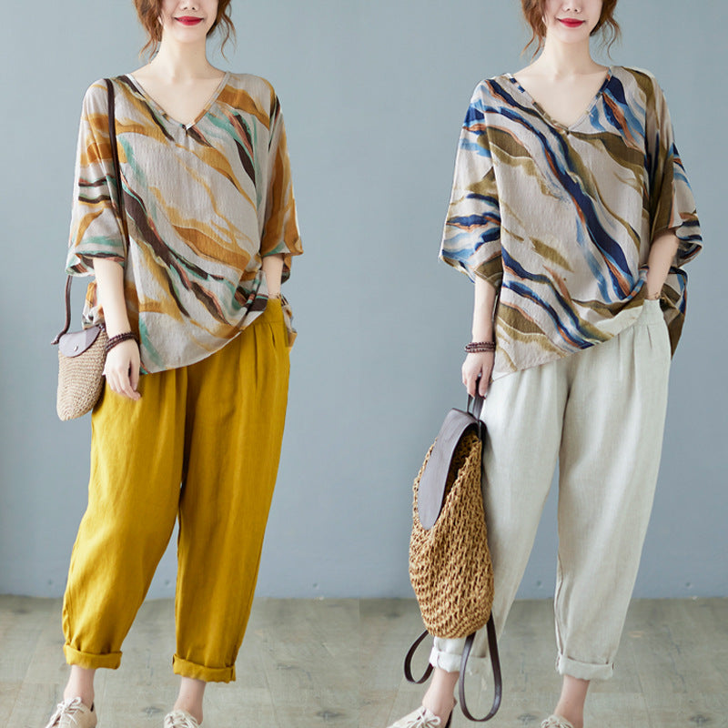 Cotton And Linen Art Batwing Sleeve Shirt Lootquake LLC