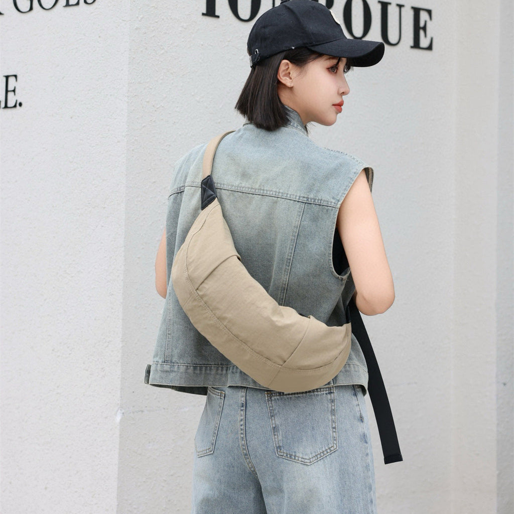 Casual Versatile Crossbody Canvas Bag, Wide Shoulder Strap Single Shoulder Messenger Bag, Dumpling Bag Simple Style Unisex, Moon Bag, Light Space Cloth Bag - SJB-DIAMOND ELITES