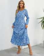 Spring and Autumn floral chiffon dress waist thin long sleeve round neck long printed skirt