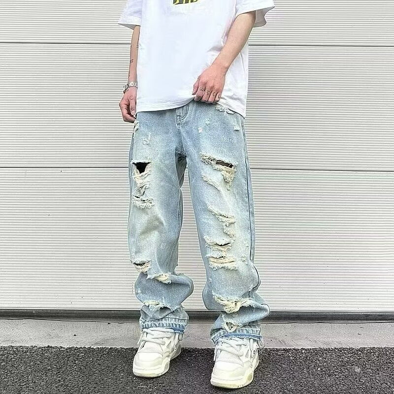 Water Washed Hole Retro Street Wide Leg Jeans Lootquake LLC