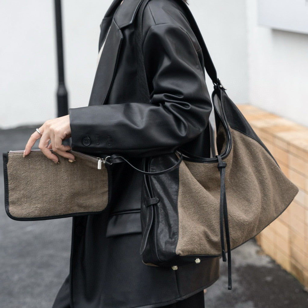 Linen Splicing Vegetable Tanned Cowhide Bag, Large Capacity Casual Bucket Bag, Underarm Shoulder Tote Bag, Hobo Bag for Women - SJB-DIAMOND ELITES