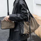 Linen Splicing Vegetable Tanned Cowhide Bag, Large Capacity Casual Bucket Bag, Underarm Shoulder Tote Bag, Hobo Bag for Women - SJB-DIAMOND ELITES