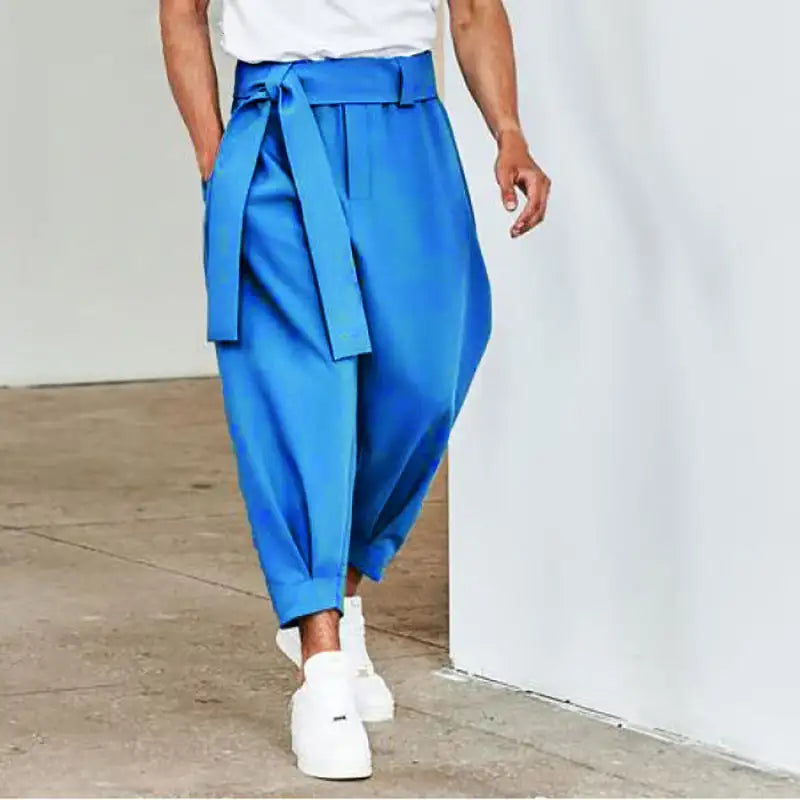 Men's Loose Solid Color Cropped Pants Belt Decoration European And American