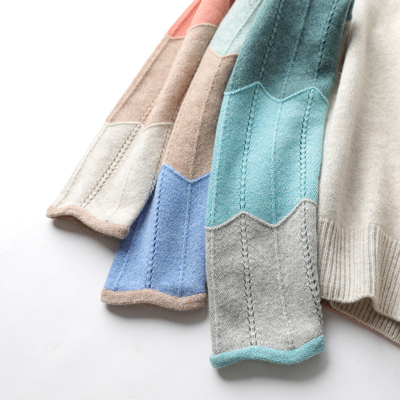 Contrast Color Woolen Sweater Women V-neck Pullover Patchwork Color Thermal Knitting Sweater Women Pi-Mart