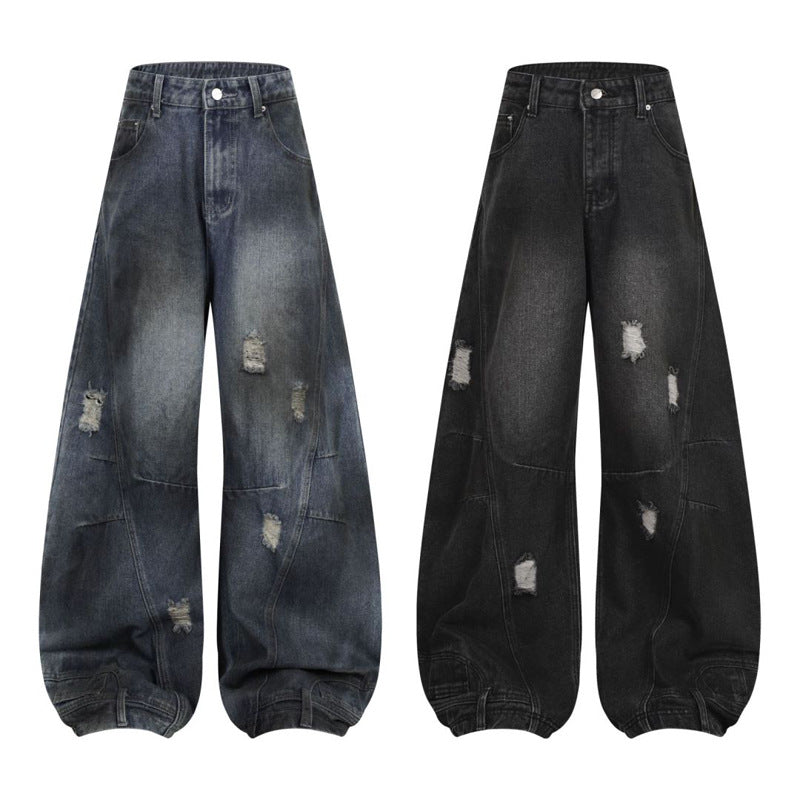 Retro Washed Ripped Deconstruction Stitching Design Straight Jeans Lootquake LLC