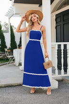 Women's long sleeveless dress with suspenders and pleated lace