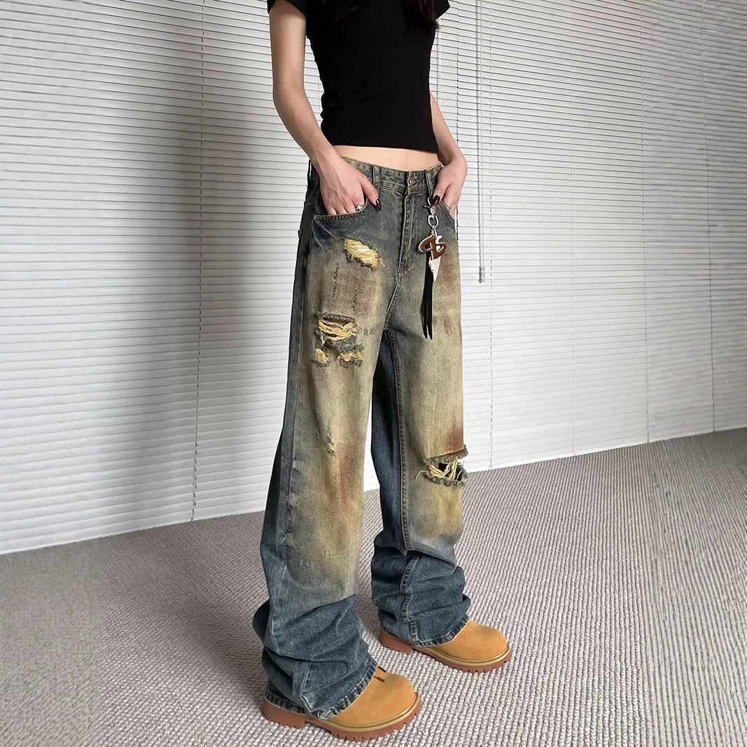 Niche Make Old Ripped Denim Fashion Brand Loose Straight Wide Leg Smart Trousers Lootquake LLC