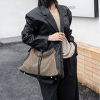 Linen Splicing Vegetable Tanned Cowhide Bag, Large Capacity Casual Bucket Bag, Underarm Shoulder Tote Bag, Hobo Bag for Women - SJB-DIAMOND ELITES