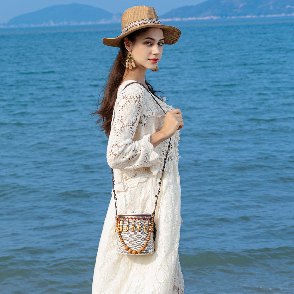 Bohemian small straw bag, seaside vacation mini bucket bag, leisure travel shoulder bag, small woven bag women hobo - SJB-DIAMOND ELITES