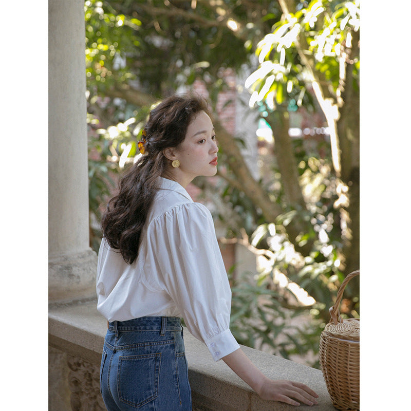 Retro V-neck shirt for female temperament Puff Sleeve Blouse Tops - SJB-DIAMOND ELITES