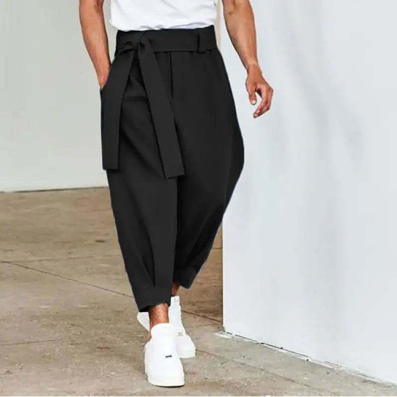 Men's Loose Solid Color Cropped Pants Belt Decoration European And American
