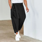 Men's Loose Solid Color Cropped Pants Belt Decoration European And American