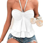 Sexy Lace Up Cross Sling Off-Shoulder Halter Pleated Ruffle Edge Solid Color Tube Top Drawstring Bust Tie Backless Halter Top