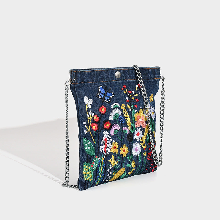 Mini embroidered denim bag, Street stylish student flower three-dimensional shoulder bag, design underarm bag - SJB-DIAMOND ELITES