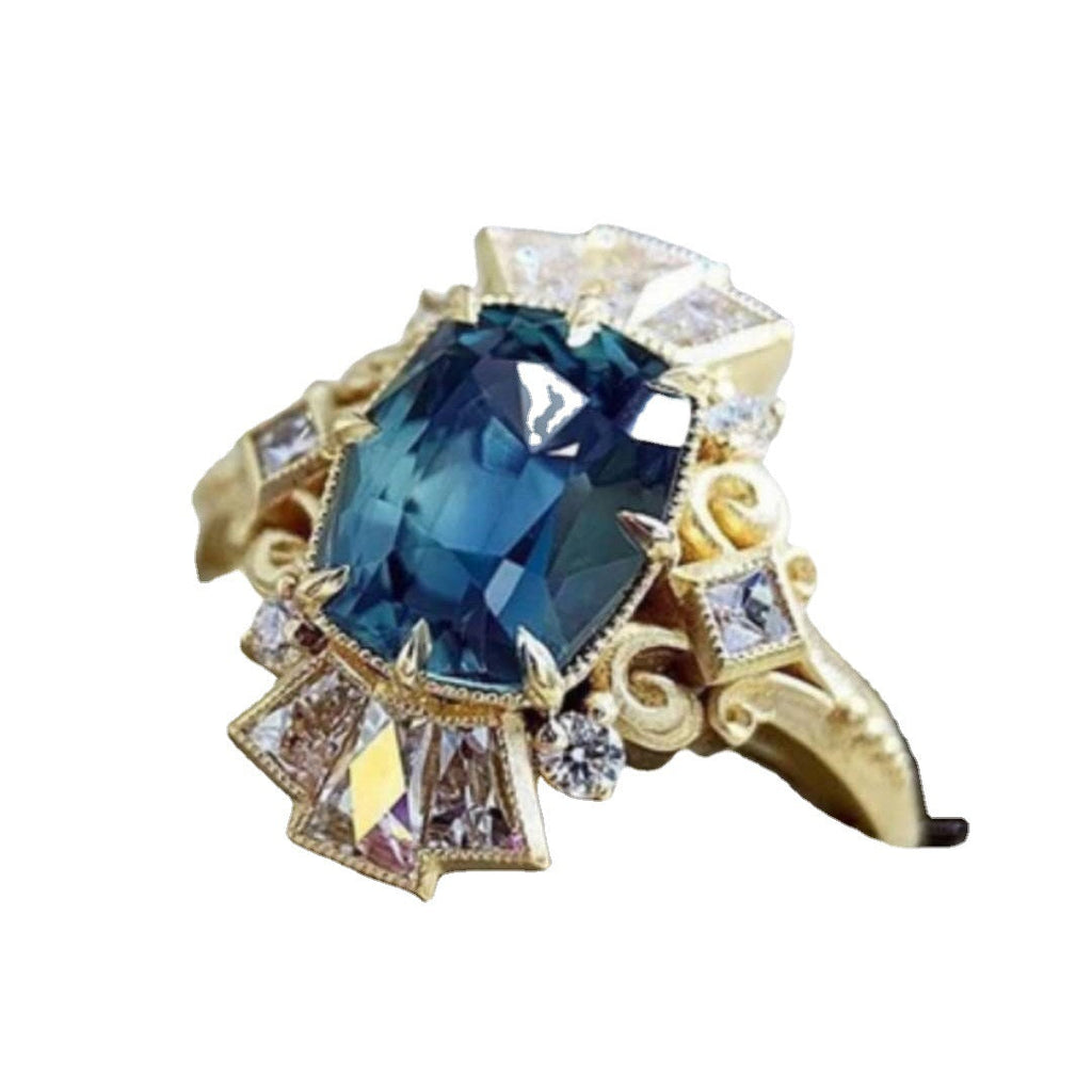 European Style Navy Blue Zirconium Pattern Crown Ring Pi-Mart