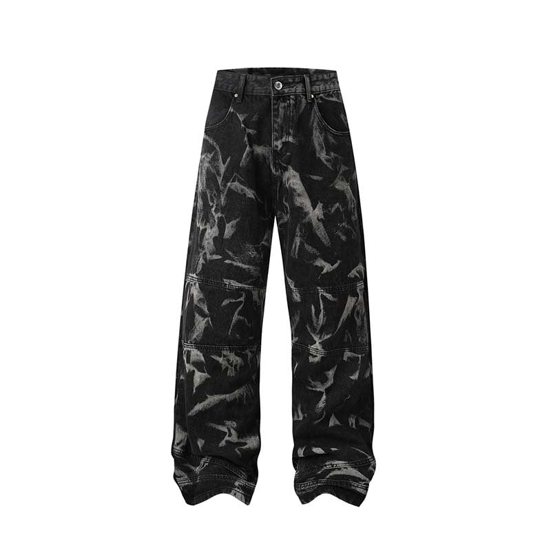 Street Fashion Hip Hop Inkjet Washed Distressed Stitching Straight Jeans Lootquake LLC