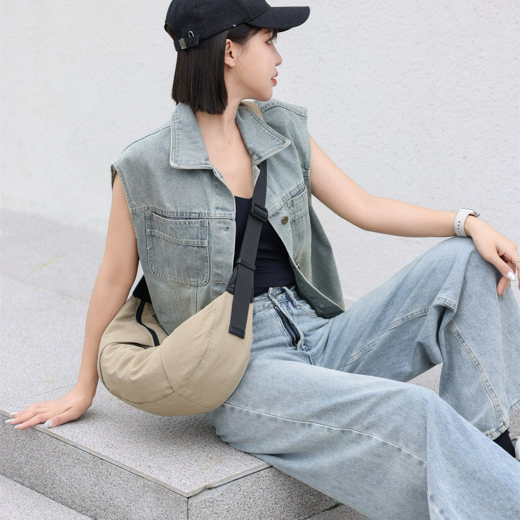 Casual Versatile Crossbody Canvas Bag, Wide Shoulder Strap Single Shoulder Messenger Bag, Dumpling Bag Simple Style Unisex, Moon Bag, Light Space Cloth Bag - SJB-DIAMOND ELITES