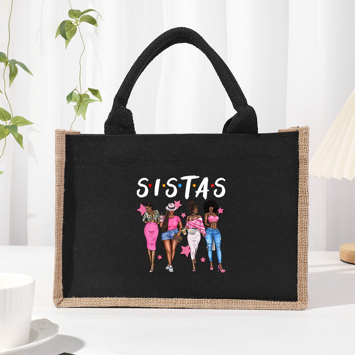 Cotton and linen canvas tote bag, printed letter tote bag, portable light handbag, gift shopping bag - SJB-DIAMOND ELITES
