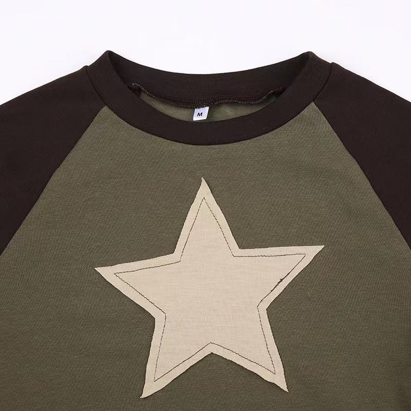 Spice Girl Crew Neck Short Top Wind Contrast Color Pentagram Patch Embroidered T-Shirt Women's Vest