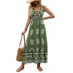 New Holiday Printed Green Ethnic Style Casual V-neck High Waist Dress For Women Lootquake LLC
