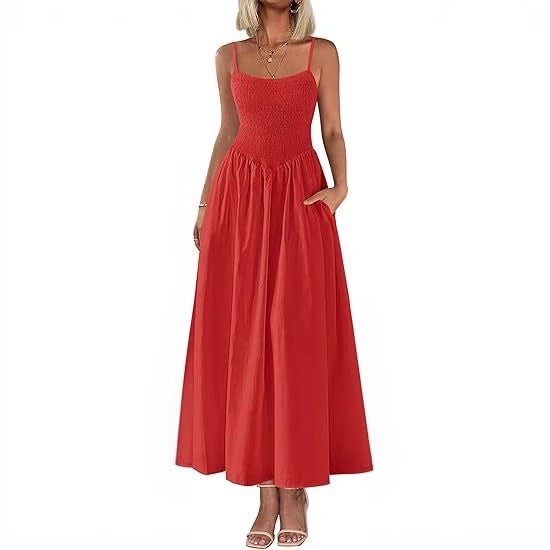 Women's Dress, Thin Shoulder Strap Pleated Vest, Suspender Pocket Dress