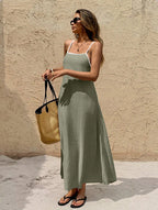 Off-the-shoulder backless solid color suspender strap-up long dress