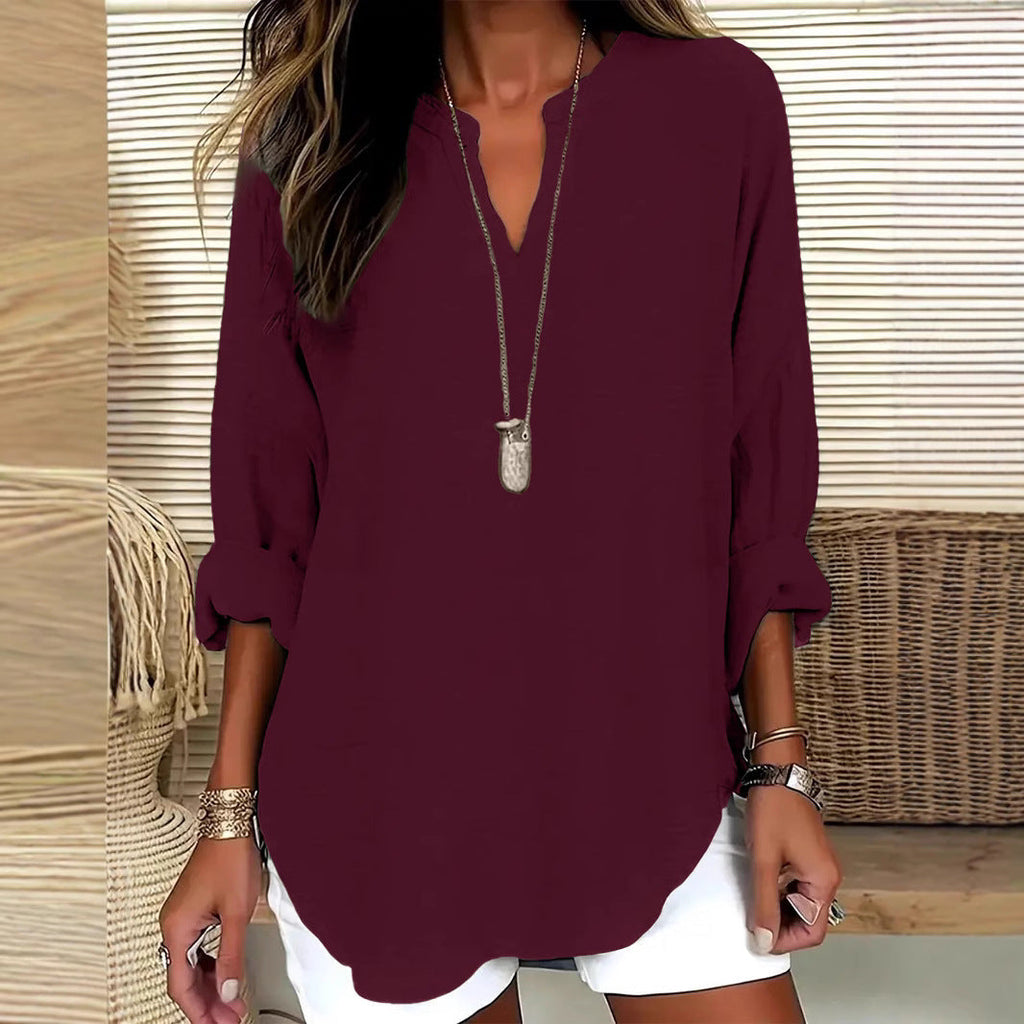 Women's V-neck Drop-shoulder Long-sleeve T-shirt Lootquake LLC