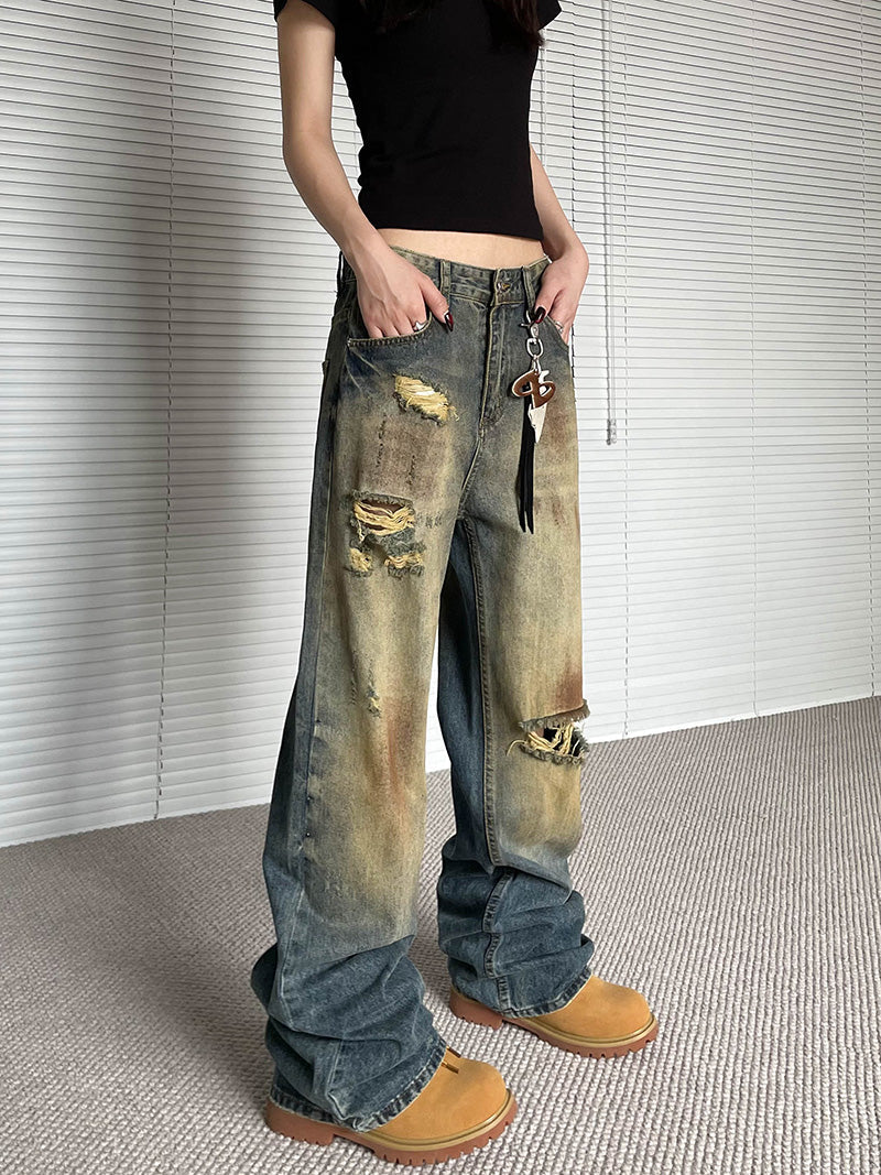 Niche Make Old Ripped Denim Fashion Brand Loose Straight Wide Leg Smart Trousers Lootquake LLC