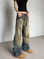Niche Make Old Ripped Denim Fashion Brand Loose Straight Wide Leg Smart Trousers Lootquake LLC